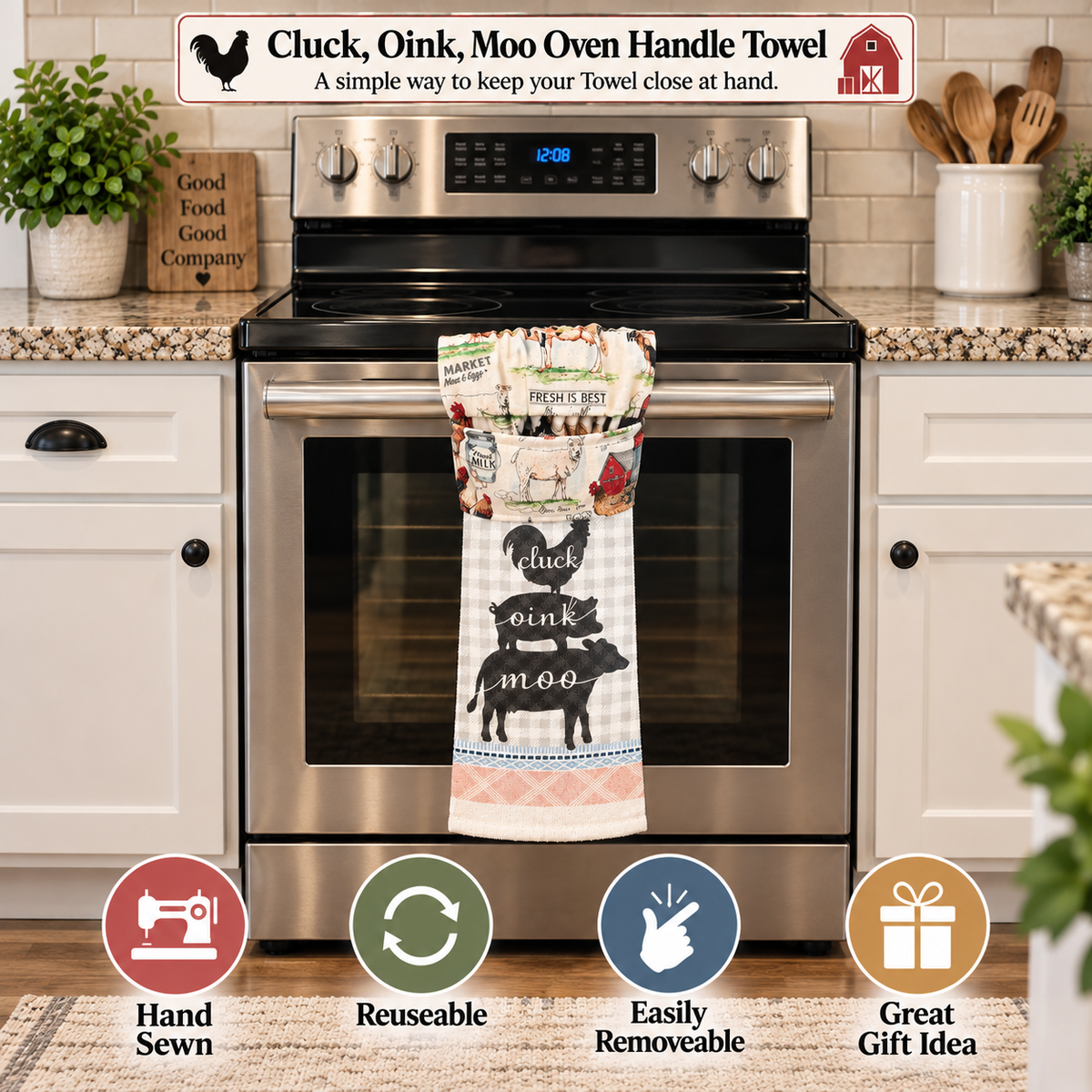 A kitchen towel with a rustic 'Cluck, Oink, Moo' moose print is hanging from the handle of a stainless steel oven in a kitchen setting. The towel features black moose silhouettes and text on a cream and light plaid background.