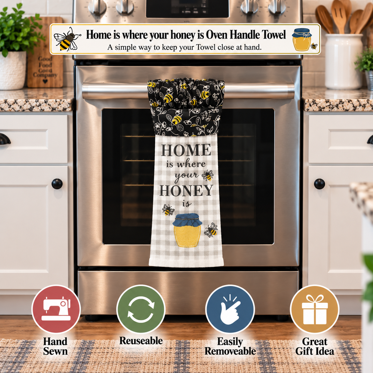 A kitchen towel with a honeycomb pattern on the top half and a white gingham lower half with the text 'HOME is where your HONEY is' and a honey pot illustration, hanging on a stainless steel oven handle in a kitchen setting. The image includes promotional text and feature icons.