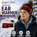 A woman wearing a buffalo check ear warmer beanie outdoors in the snow, with large promotional text reading 'Buffalo Check Handmade EAR WARMER' and feature icons below. The product is the ear warmer, shown both worn on the head and folded in an inset photo.