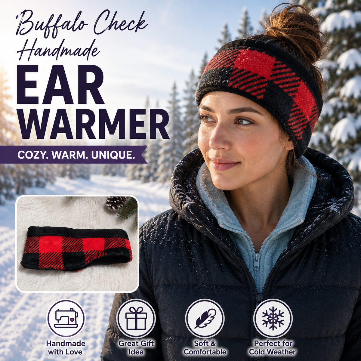 A woman wearing a buffalo check ear warmer beanie outdoors in the snow, with large promotional text reading 'Buffalo Check Handmade EAR WARMER' and feature icons below. The product is the ear warmer, shown both worn on the head and folded in an inset photo.