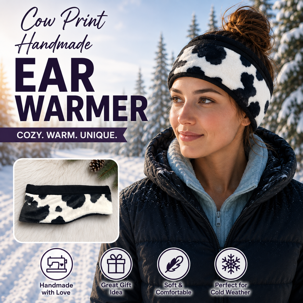 A woman in a snowy outdoor setting wears a black-and-white cow-print ear warmer headband. Large text reads 'Cow Print Handmade EAR WARMER' with smaller marketing copy, and there is a small inset showing the ear warmer laid flat.