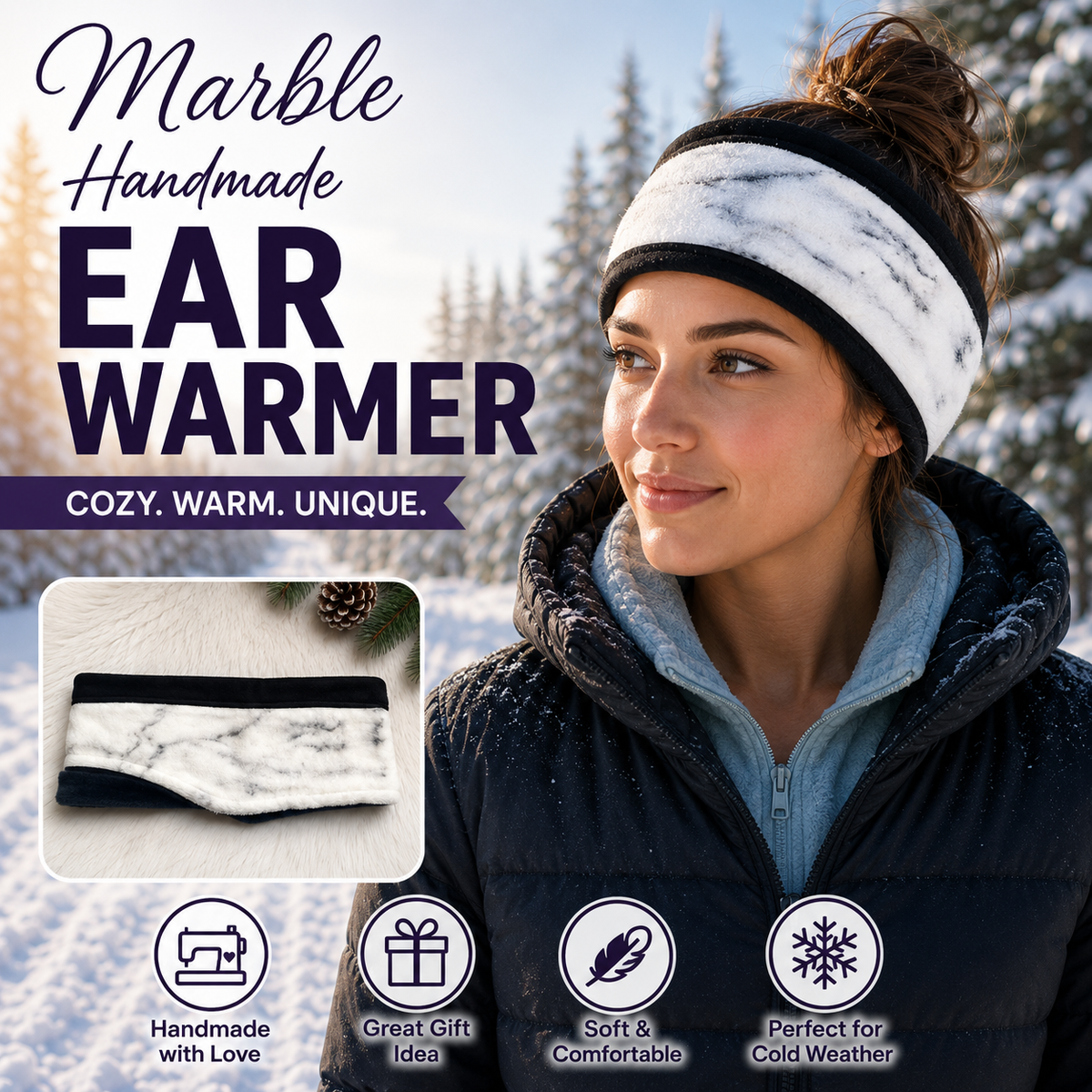 A woman wearing a black and white marble-patterned ear warmer headband in a snowy outdoor setting, with promotional text and feature icons on the left side of the image.