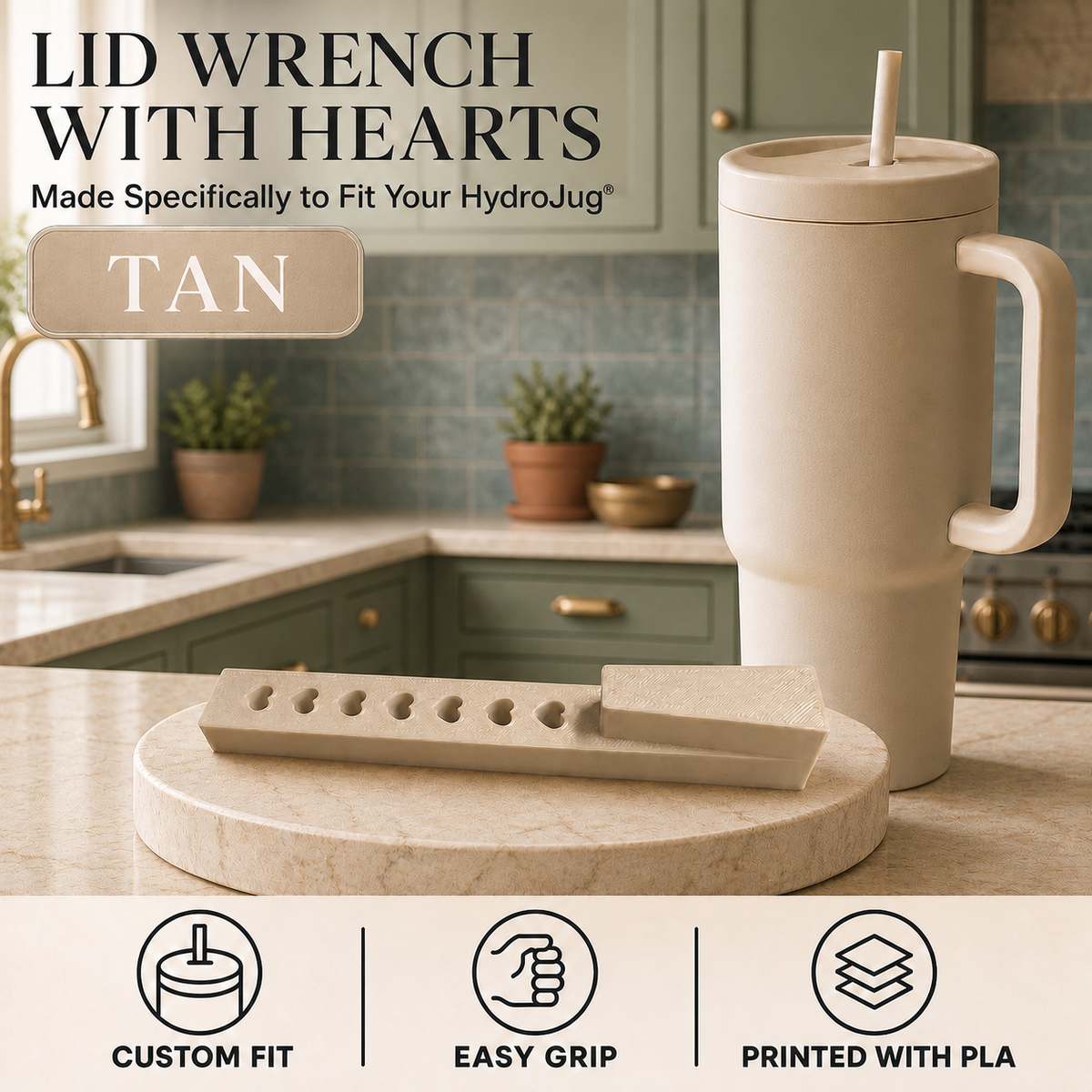A tan insulated tumbler with a straw and handle stands on a round stone coaster in a kitchen setting, with a matching lid wrench tool placed in front. Text at the top reads 'LID WRENCH WITH HEARTS' and 'TAN,' with feature icons along the bottom.
