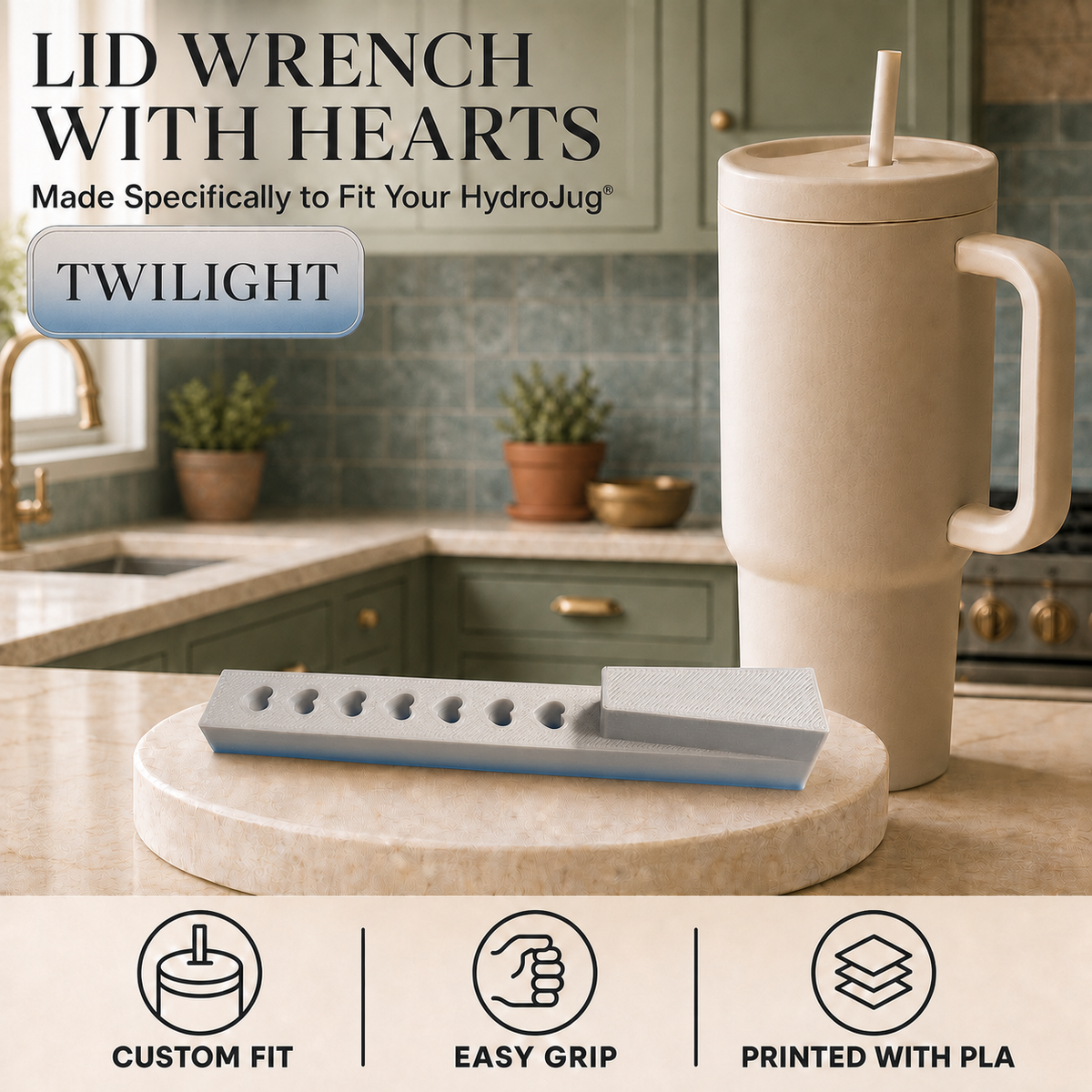 A beige HydroJug travel tumbler with a straw stands on a kitchen counter next to a gray and beige lid wrench tool labeled 'TWILIGHT.' The background shows a green kitchen interior.