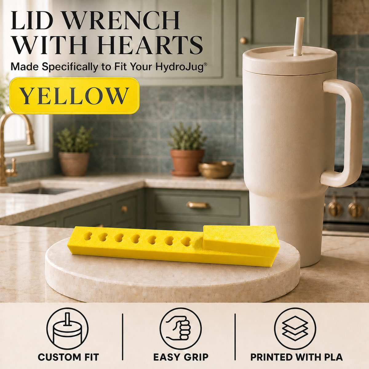 A yellow lid wrench with heart-shaped teeth is displayed on a round stone coaster in a kitchen setting, next to a beige HydroJug tumbler. The image includes text overlays describing the product and features, and three icons at the bottom highlighting its custom fit, easy grip, and PLA printed material.