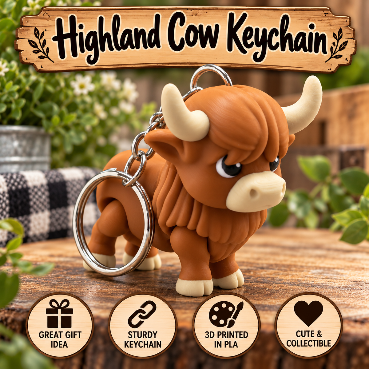 A Highland cow keychain featuring a 3D-printed brown cow figure with cream horns and hooves, attached to silver metal rings. The product is displayed on a wooden surface with a blurred garden background, under a wooden sign reading 'Highland Cow Keychain' with four circular feature badges at the bottom.