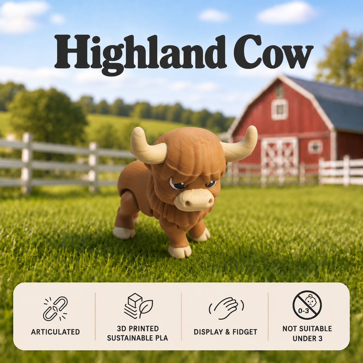 A small articulated Highland Cow toy stands on a green grassy field with a blurred red barn and white fence in the background. Large text at the top reads 'Highland Cow,' and a beige info panel at the bottom lists features: articulated, 3D printed sustainable PLA, display & fidget, and not suitable under 3.