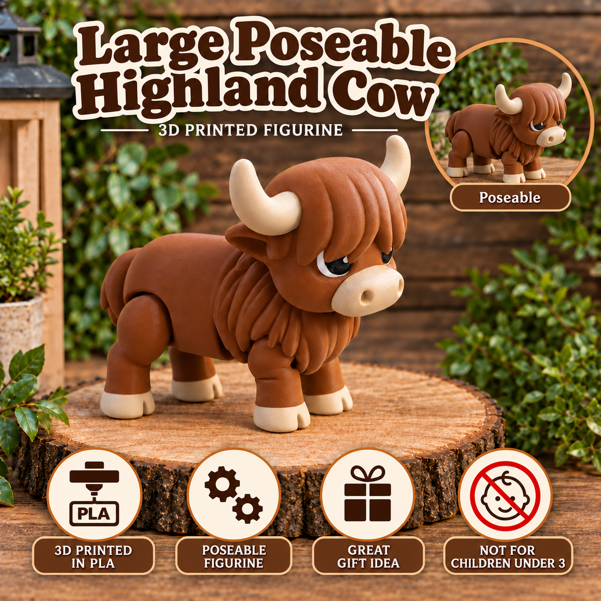 A 3D printed poseable Highland cow figurine in brown with cream-colored horns and hooves, displayed on a rustic wooden stump. The image includes promotional text overlays, a circular inset showing the cow in a poseable state, and feature icons indicating it is made of PLA plastic, poseable, a great gift idea, and not for children under 3.