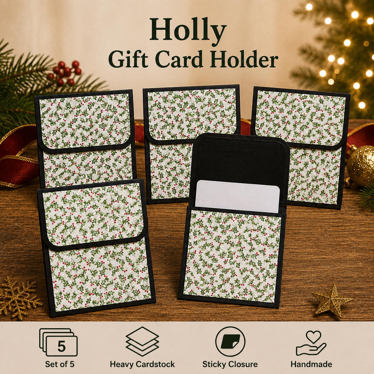 Five Holly-themed gift card holders arranged on a wooden surface with holiday decorations in the background. The holders feature a white background with a green holly leaf and red berry pattern, black borders, and a black interior with a white sticky note visible in one holder.