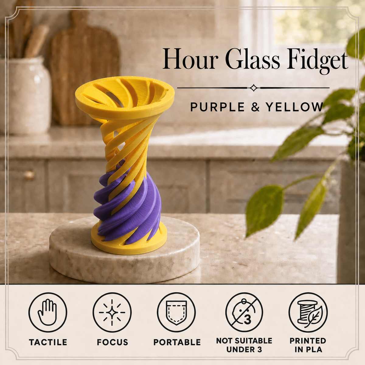 Hour glass fidget toy in purple and yellow, displayed on a marble coaster on a kitchen countertop with a blurred kitchen background. Text overlays read 'Hour Glass Fidget', 'PURPLE & YELLOW', and there is a feature icon row at the bottom.