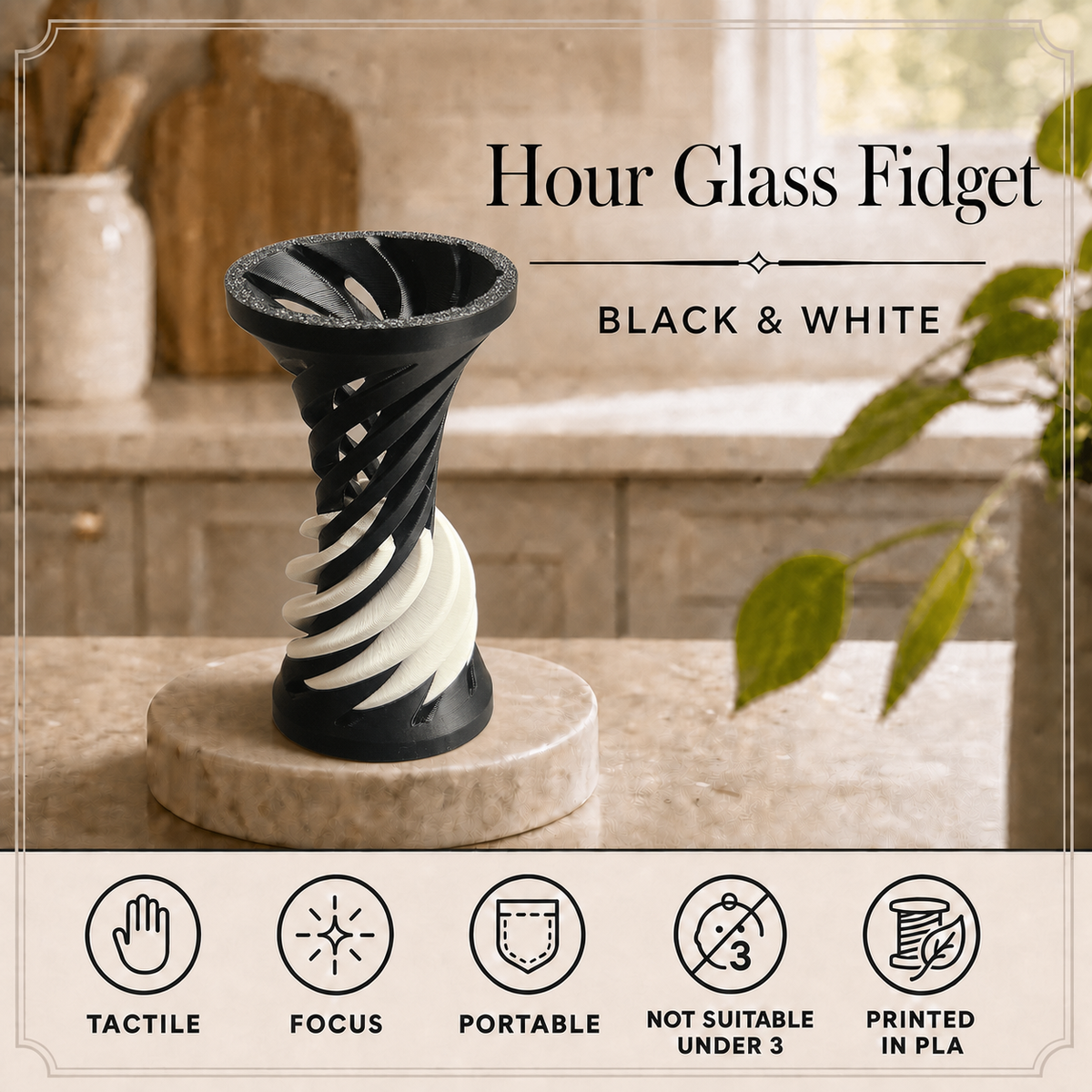 Black and white hour glass fidget spinner displayed on a marble coaster on a kitchen counter, with text overlays and feature icons at the bottom.