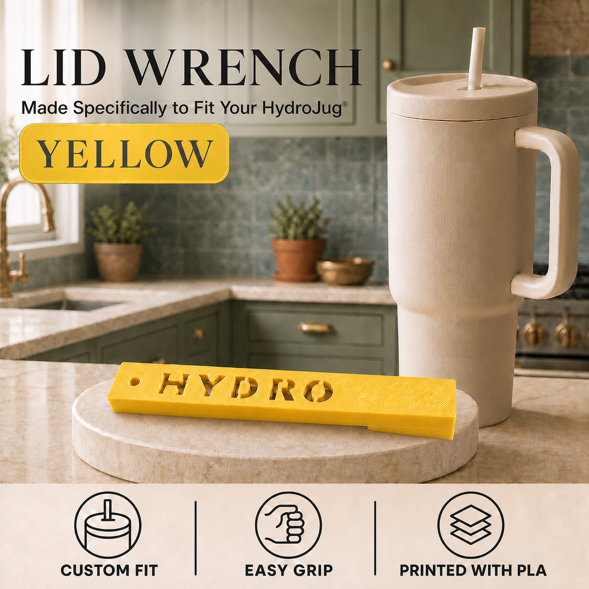 A yellow lid wrench tool displayed on a round stone coaster in a kitchen setting, next to a beige HydroJug tumbler with a straw. The image includes text overlays reading 'LID WRENCH', 'Made Specifically to Fit Your HydroJug', 'YELLOW', and feature icons at the bottom.