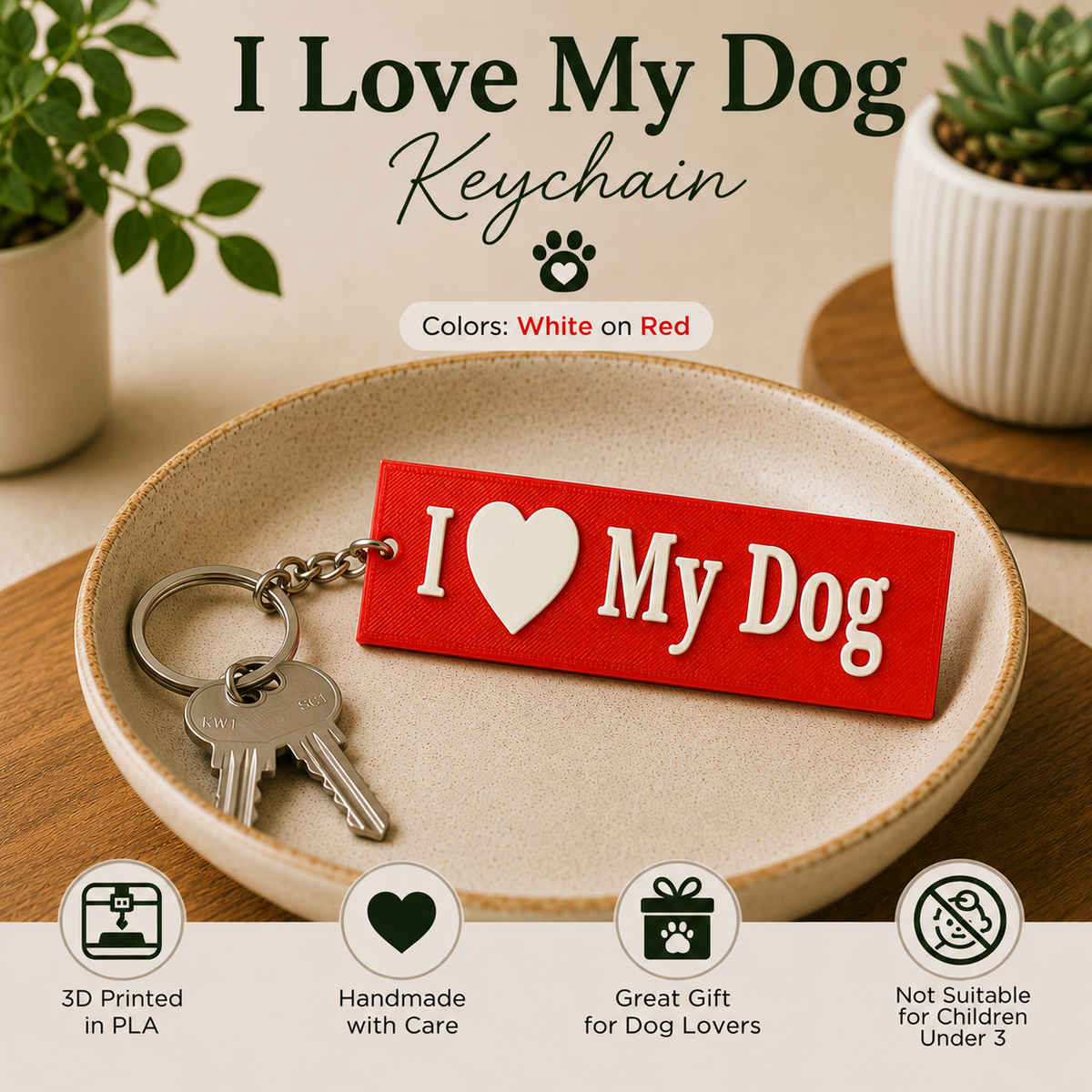A red felt dog keychain with white text reading 'I [heart] My Dog' displayed on a beige ceramic plate with metal keys. The scene includes decorative potted plants and marketing text at the top, plus feature icons along the bottom.