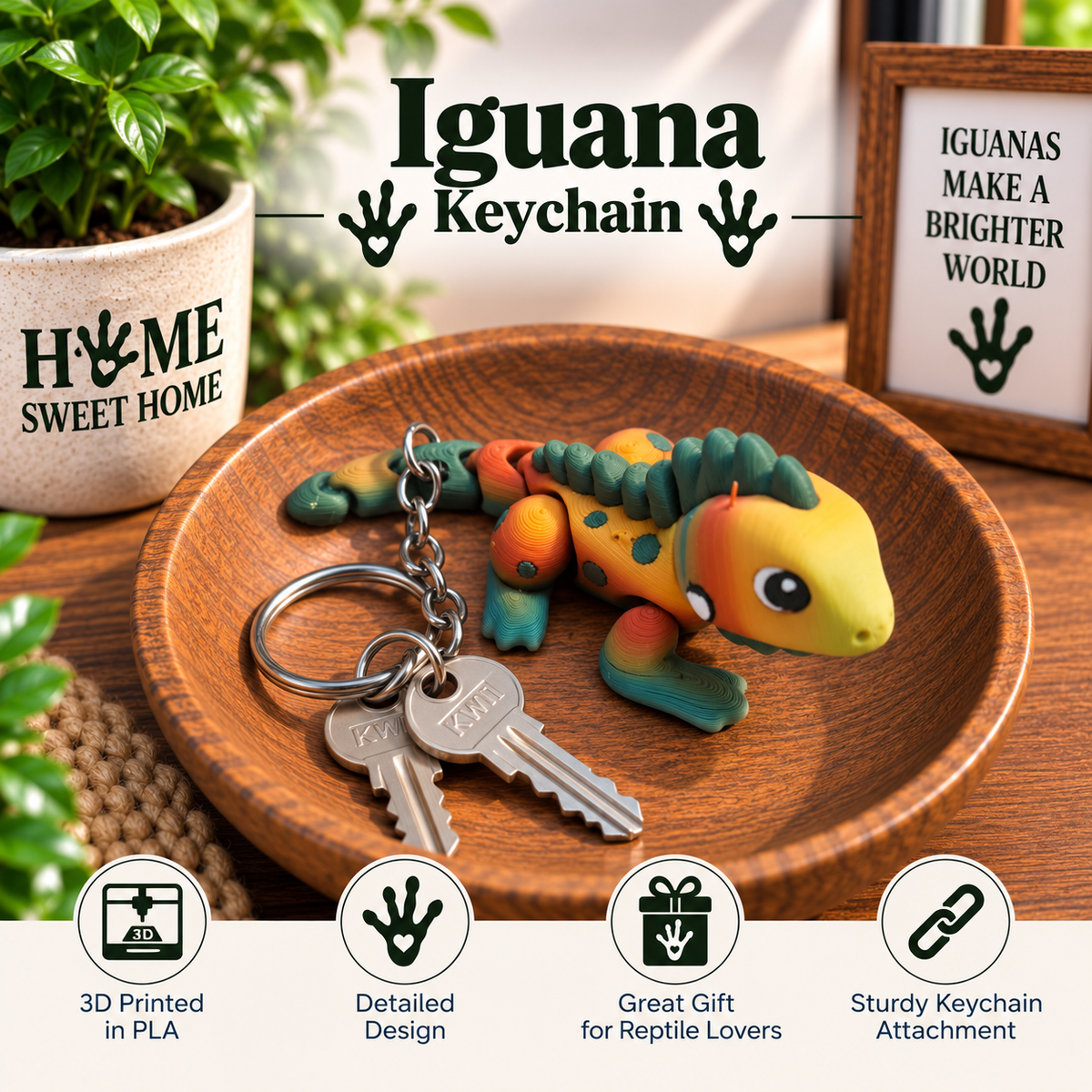 A colorful 3D-printed iguana keychain resting on a round wooden tray, with two keys attached. The scene is styled with a potted plant and a framed sign in the background, featuring text overlays and product feature icons at the bottom.
