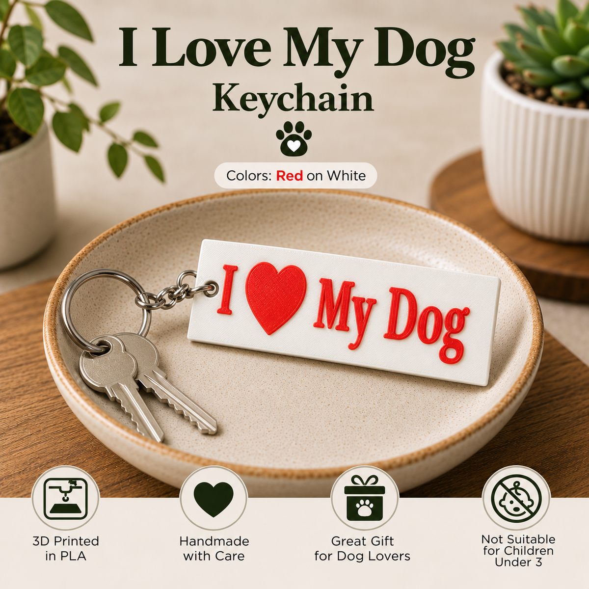 A white rectangular keychain with red text reading 'I [heart] My Dog' displayed on a beige ceramic dish with two keys attached. The scene includes decorative plants, a wooden surface, and marketing text at the top and bottom describing the product and care instructions.