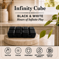 Black Infinity Cube toy shown on a round wooden pedestal with text overlays and feature icons at the bottom.