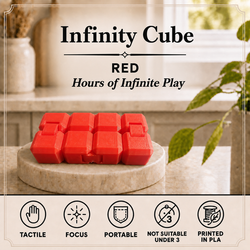 Red cube-shaped toy blocks labeled 'Infinity Cube' on a marble coaster, with text reading 'RED Hours of Infinite Play' and feature icons along the bottom.