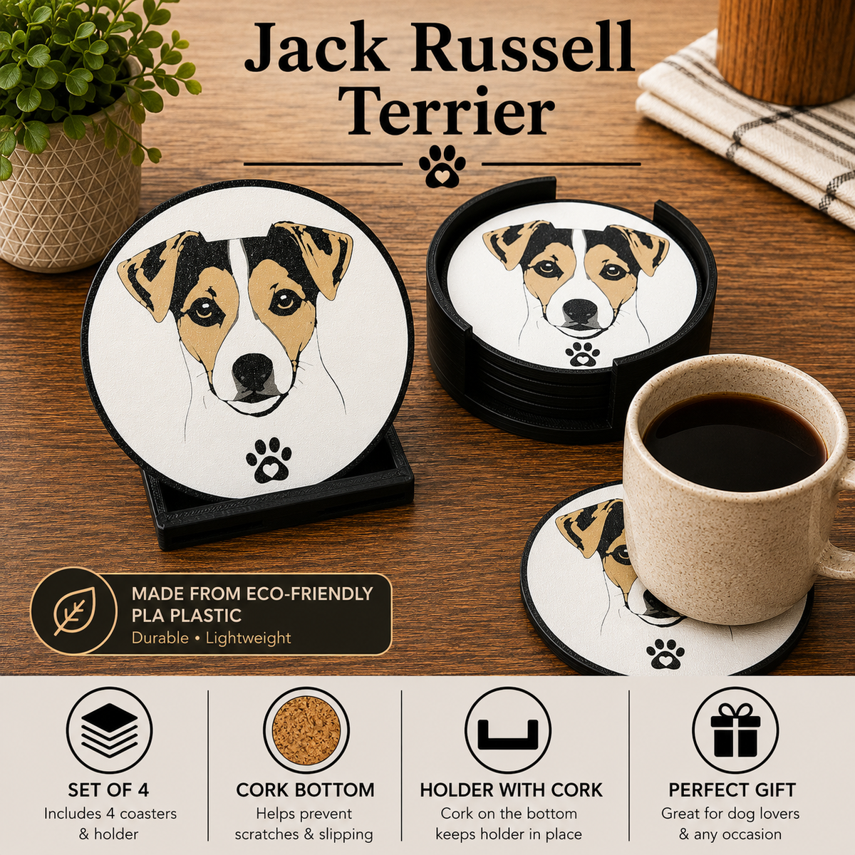Four round 3d printed coasters with with a cork backing with printed Jack Russell Terrier dog faces and paw prints, shown on a wooden table with a mug of coffee and a small plant. Text highlights eco-friendly PLA plastic, set of 4, cork bottoms, holder function, and gift appeal.