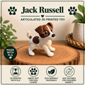 A Jack Russell dog figurine made of 3D printed PLA plastic, standing on a round wooden slice. The image features a clean graphic layout with the brand name 'Jack Russell' at the top, decorative plants on the sides, and feature icons at the bottom highlighting '3D Printed with PLA', 'Great Gift for Dog Lovers', 'Eco Friendly Materials', and 'Not Suitable for Children Under 3'.
