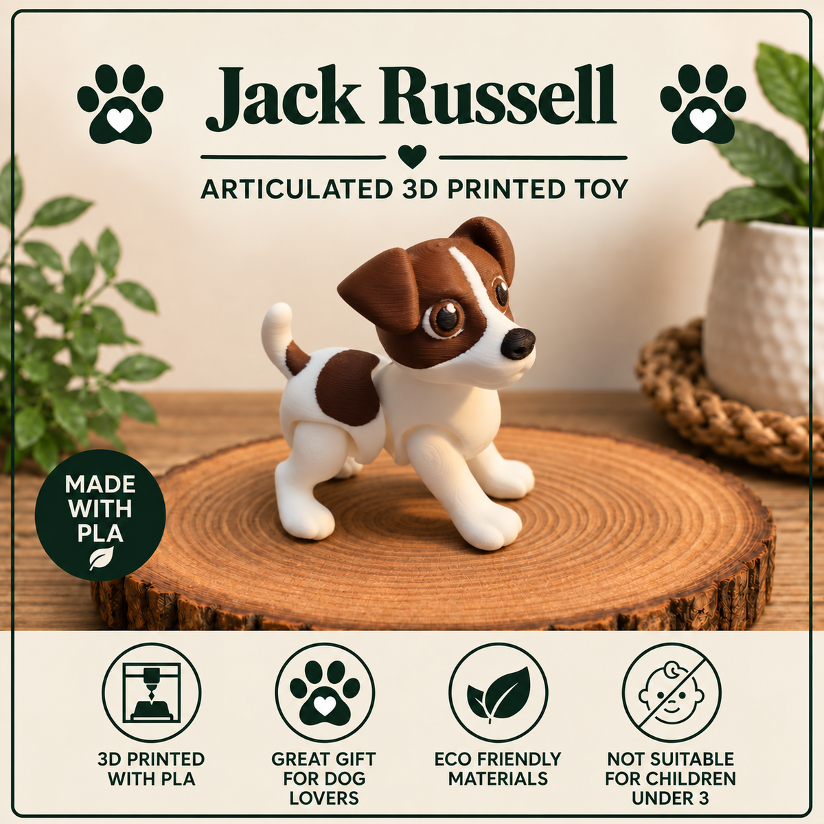 A Jack Russell dog figurine made of 3D printed PLA plastic, standing on a round wooden slice. The image features a clean graphic layout with the brand name 'Jack Russell' at the top, decorative plants on the sides, and feature icons at the bottom highlighting '3D Printed with PLA', 'Great Gift for Dog Lovers', 'Eco Friendly Materials', and 'Not Suitable for Children Under 3'.