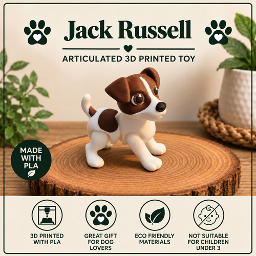 A Jack Russell dog figurine made of 3D printed PLA plastic, standing on a round wooden slice. The image features a clean graphic layout with the brand name 'Jack Russell' at the top, decorative plants on the sides, and feature icons at the bottom highlighting '3D Printed with PLA', 'Great Gift for Dog Lovers', 'Eco Friendly Materials', and 'Not Suitable for Children Under 3'.