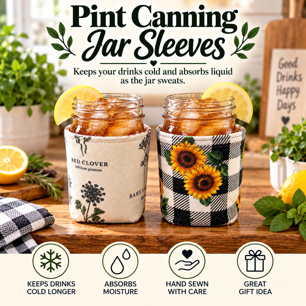 Two pint canning jar sleeves shown on mason jars filled with iced tea in a kitchen setting. The left sleeve is cream with black botanical text and illustration, and the right sleeve is black-and-white buffalo plaid with yellow sunflower print.