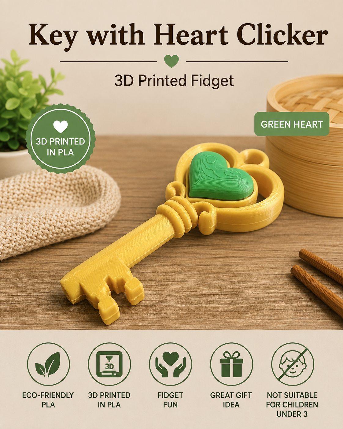 A yellow 3D-printed key-shaped fidget toy with a green heart in the center, displayed on a wooden surface with a bamboo steamer, chopsticks, and a cloth. The image includes text reading 'Key with Heart Clicker', '3D Printed Fidget', 'GREEN HEART', and feature icons for eco-friendly PLA, 3D printed PLA, fidget fun, great gift idea, and not suitable for children under 3.