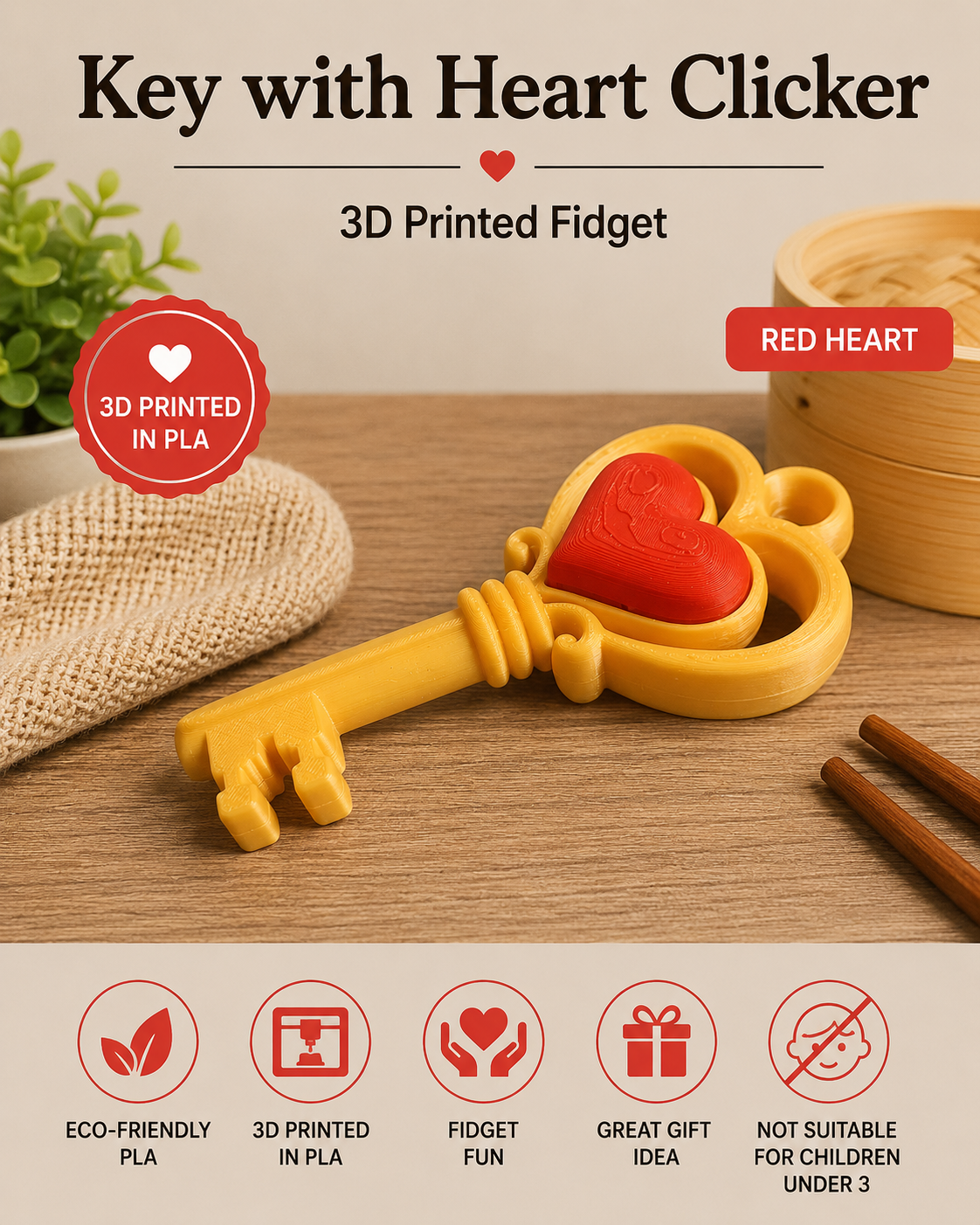 A 3D printed key-shaped fidget toy with a red heart in the center, shown on a wooden surface with decorative props. The image includes text reading 'Key with Heart Clicker', '3D Printed Fidget', 'RED HEART', and feature icons for eco-friendly PLA, 3D printed PLA, fidget fun, great gift idea, and not suitable for children under 3.