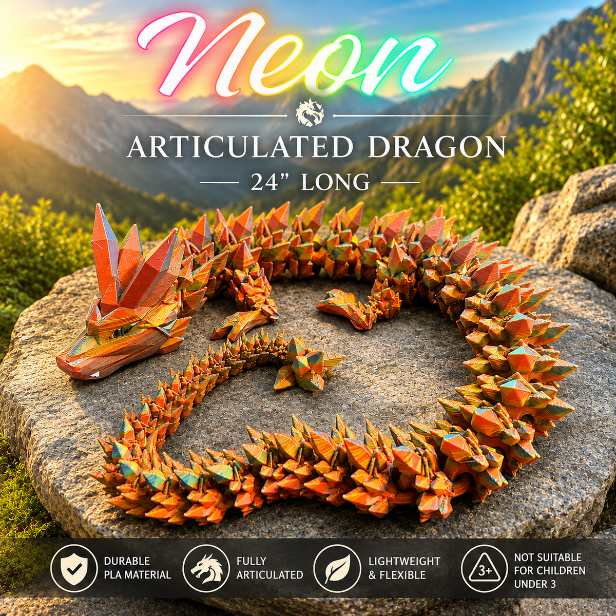 A 24-inch articulated dragon made of orange, yellow, and teal geometric plastic pieces, displayed on a large rock with a mountain landscape background. The image features text overlays reading 'Neon Articulated Dragon 24" LONG' and a bottom banner with product feature icons.