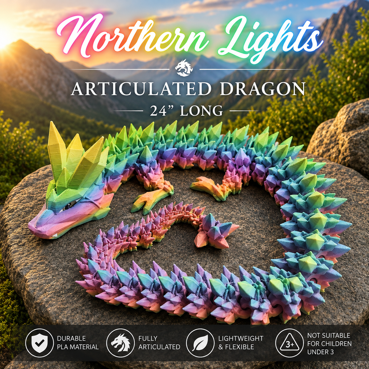 A rainbow-colored articulated dragon toy posed on a large rock outdoors, with mountain scenery in the background and text reading 'Northern Lights Articulated Dragon 24" Long' plus feature icons along the bottom.
