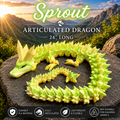 A 24-inch articulated dragon toy made of light green and yellow PLA plastic, coiled on a large dark rock with a mountain landscape background at sunset. Text overlays read 'Sprout ARTICULATED DRAGON 24" LONG' with feature icons at the bottom.