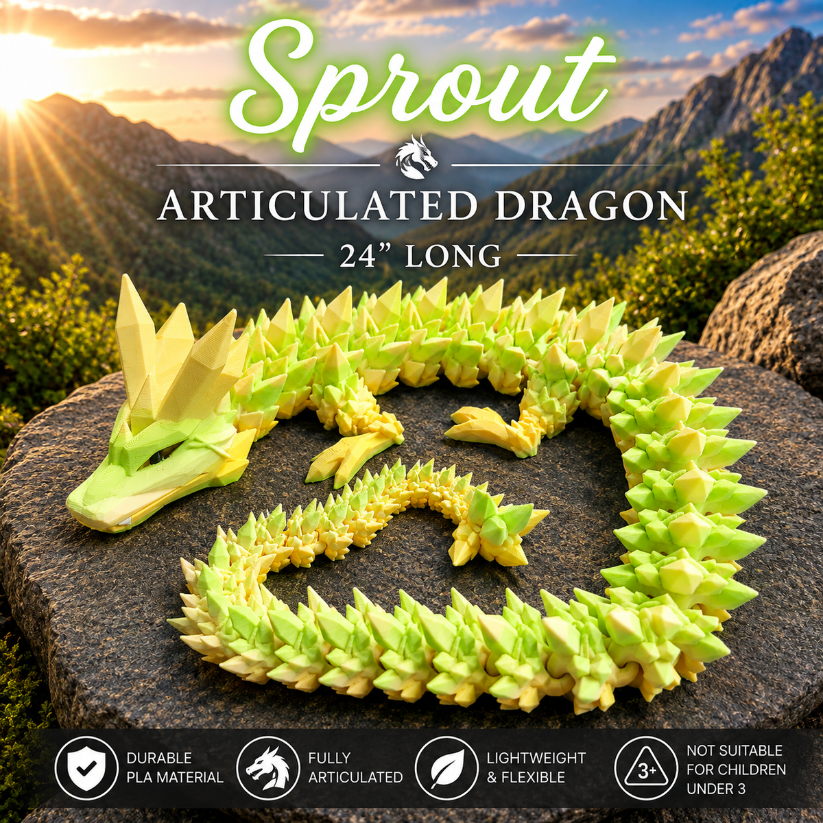 A 24-inch articulated dragon toy made of light green and yellow PLA plastic, coiled on a large dark rock with a mountain landscape background at sunset. Text overlays read 'Sprout ARTICULATED DRAGON 24" LONG' with feature icons at the bottom.
