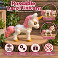 A 3D printed poseable unicorn figurine in white with pink mane and tail, standing on a wooden log. The image includes promotional text reading 'Poseable Large Unicorn' and feature callouts such as '3D Printed Figurine,' 'Poseable,' 'Multiple Poses,' '3D Printed in PLA,' and 'Not for Children Under 3,' with inset photos demonstrating the figure's poseability.