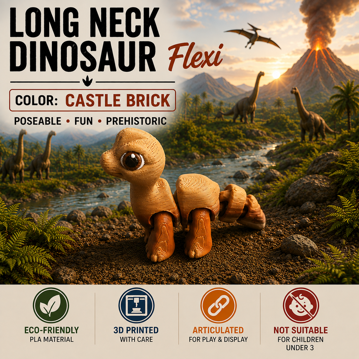 A wooden long-neck dinosaur toy labeled 'Flexi' is shown in a prehistoric landscape scene with mountains, rivers, and other dinosaurs. The image includes text overlays describing the product as 'Long Neck Dinosaur Flexi' in 'Castle Brick' color, with feature icons at the bottom.