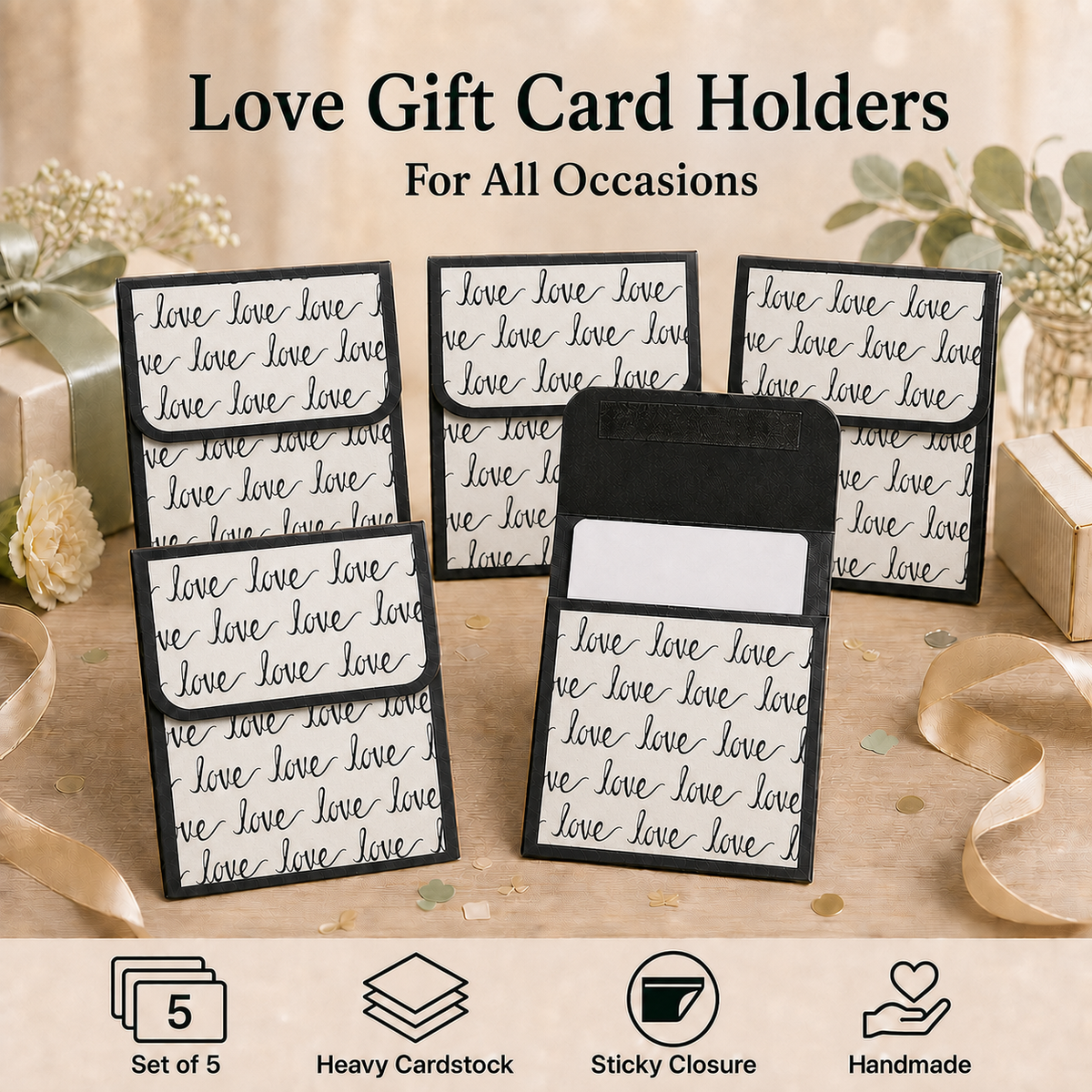 Five rabbit-themed gift card holders displayed on a wooden surface with decorative ribbons and gift boxes. The holders feature a beige background with a brown rabbit print and black borders, with one holder shown open to reveal a black interior and a white card slot.