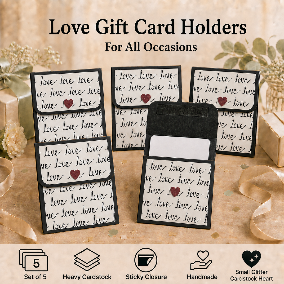 Five black and white glitter card holders with red heart accents, displayed on a beige background with gift boxes and ribbons. The text at the top reads 'Love Gift Card Holders For All Occasions', and there are feature icons at the bottom.