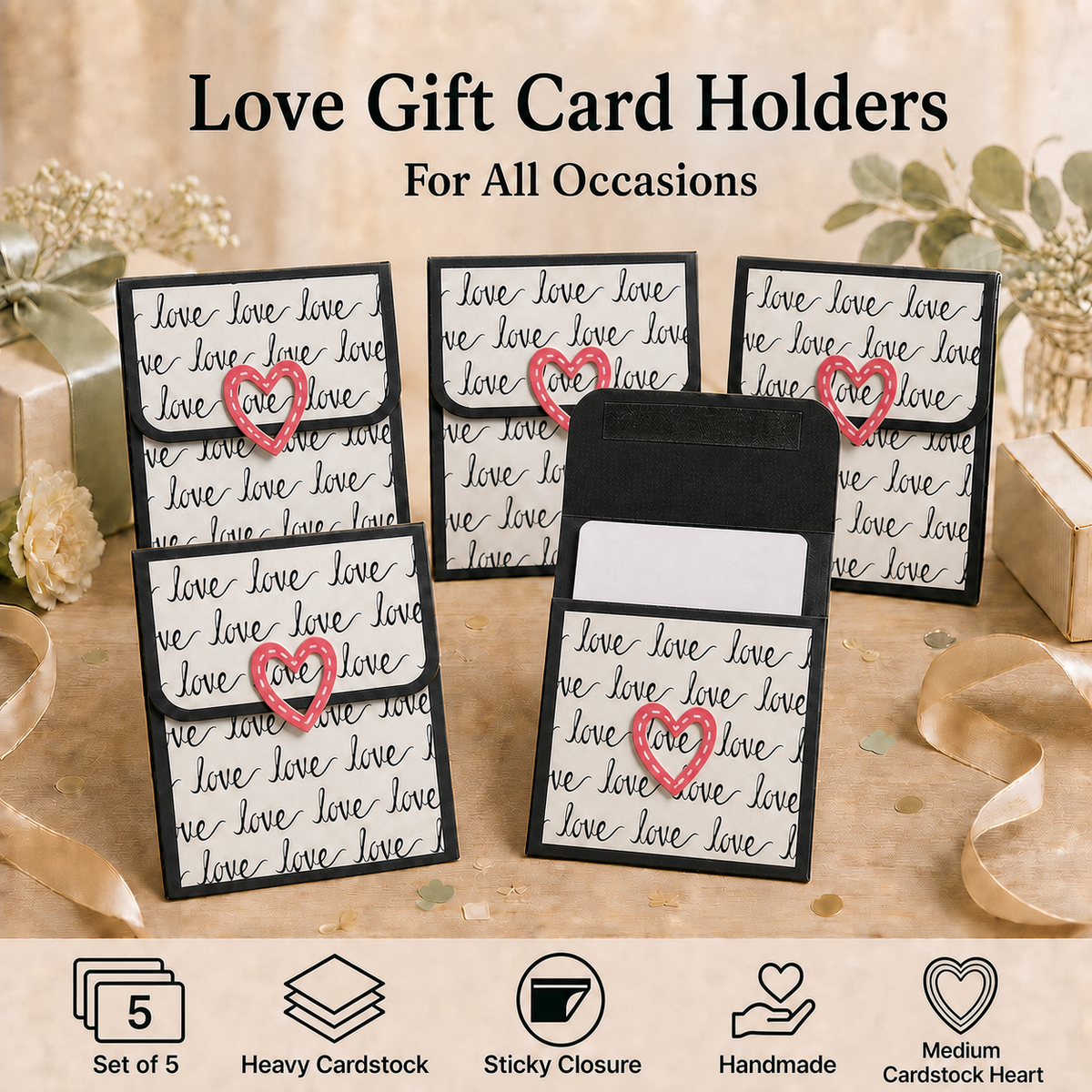 Five black and white love-themed gift card holders arranged on a beige surface with decorative flowers, ribbons, and gift boxes. The text at the top reads 'Love Gift Card Holders For All Occasions,' and a row of feature icons at the bottom says 'Set of 5,' 'Heavy Cardstock,' 'Sticky Closure,' 'Handmade,' and 'Medium Cardstock Heart.