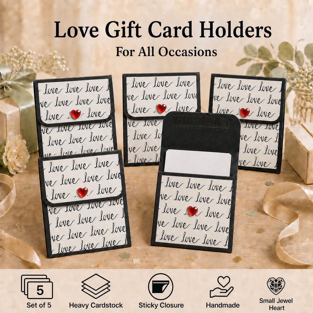 Five black and white 'Love' gift card holders arranged on a beige surface with decorative ribbons and small gift boxes. The text at the top reads 'Love Gift Card Holders For All Occasions,' and a row of feature icons at the bottom says 'Set of 5,' 'Heavy Cardstock,' 'Sticky Closure,' 'Handmade,' and 'Small Jewel Heart.