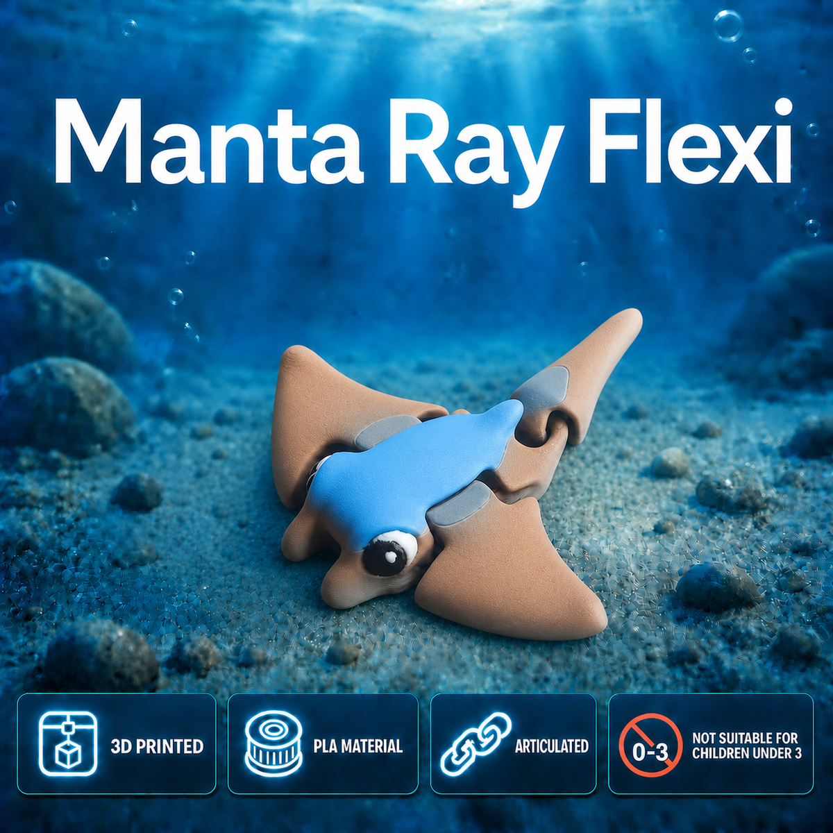3D printed articulated Manta Ray Flexi in an ocean scene printed by Twin Cedars Maker Company.