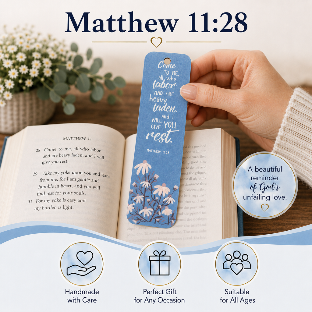 A hand holds a blue floral bookmark with Bible verse text from Matthew 11:28 over an open book. The scene includes decorative flowers, a large title reading 'Matthew 11:28,' and circular callout badges with product benefits like 'Handmade with Care,' 'Perfect Gift for Any Occasion,' and 'Suitable for All Ages.