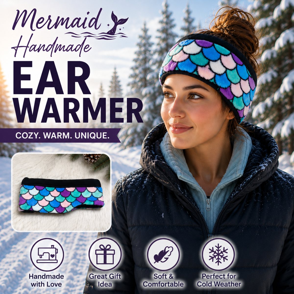 A woman in a snowy outdoor setting wears a handmade mermaid-scale patterned ear warmer. The graphic includes text reading 'Mermaid Handmade EAR WARMER' and feature icons for handmade quality, gift idea, soft comfort, and cold weather suitability.