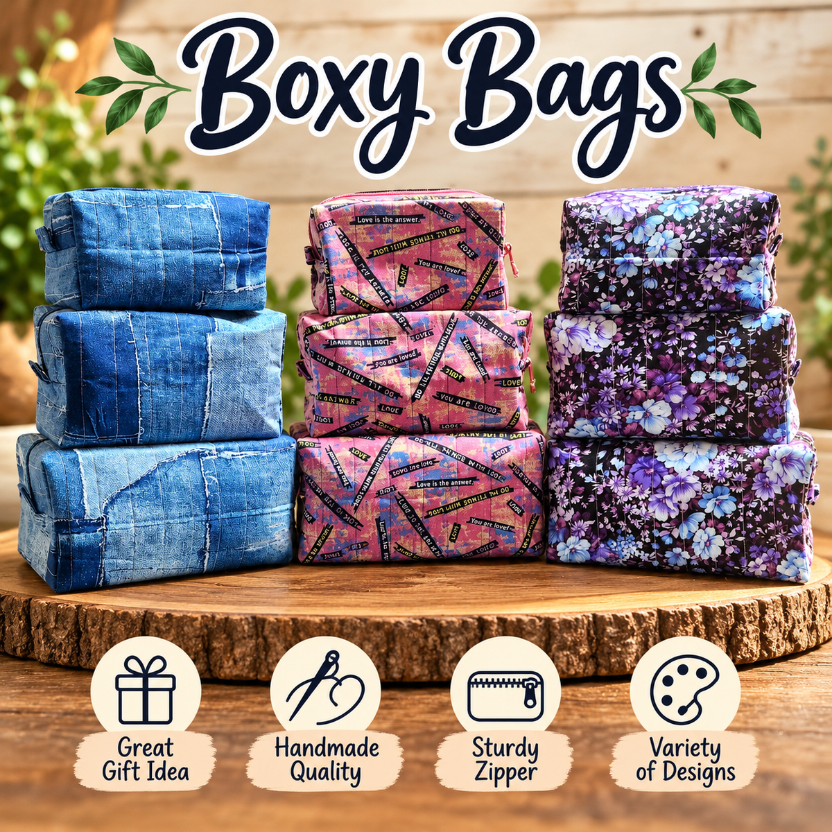 Four stacks of fabric gift bags in different designs and colors, including blue denim, pink patterned, and purple floral prints, displayed on a rustic wooden slice with the text 'Boxy Bags' and feature icons below.