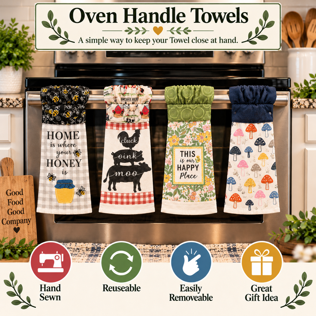 Four oven handle towels hanging on a stainless steel oven handle in a kitchen setting, with a sign at the top reading 'Oven Handle Towels' and feature icons at the bottom for 'Hand Sewn', 'Reusable', 'Easily Removable', and 'Great Gift Idea'.