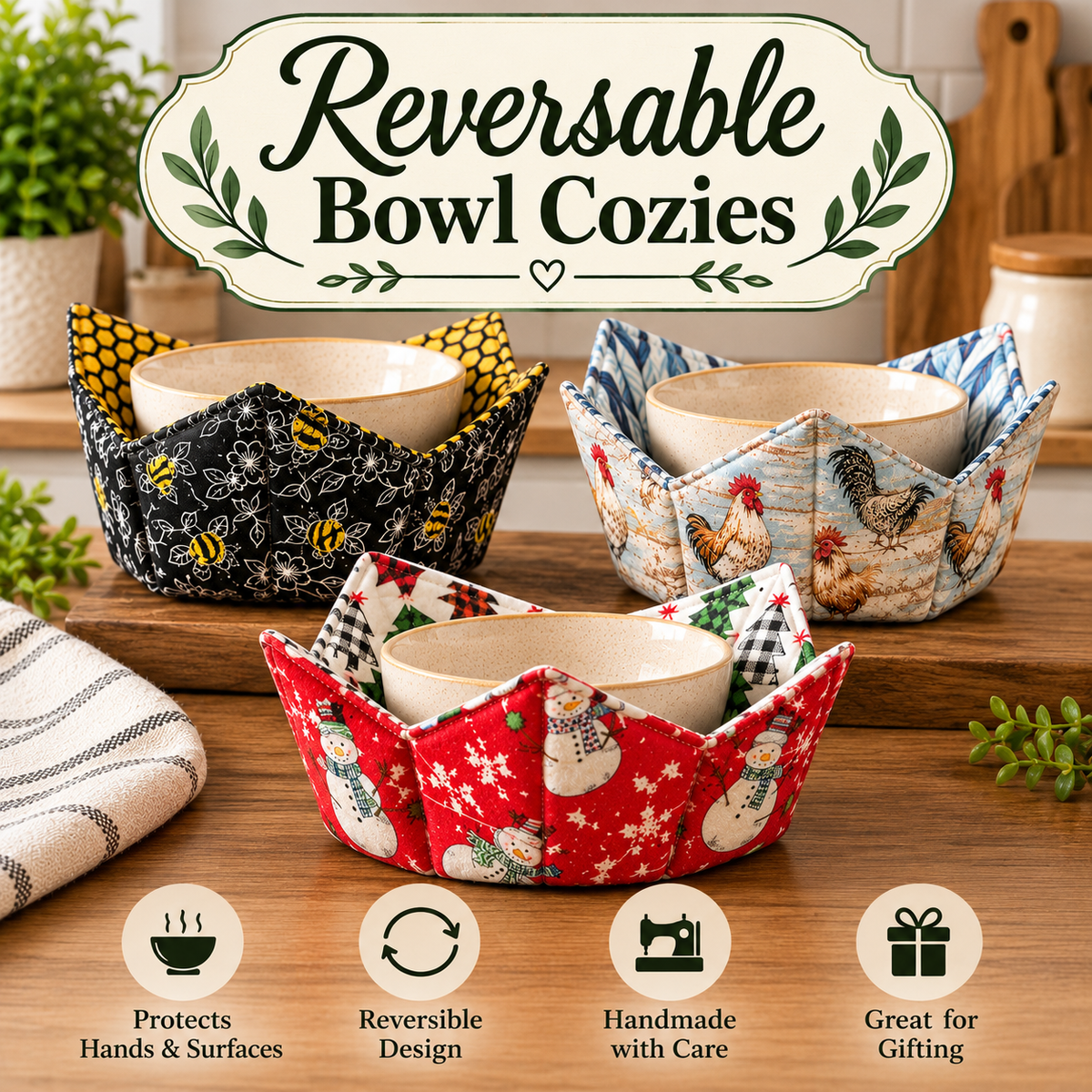 Three reversible fabric bowl cozies in different holiday and patterned designs are displayed on a wooden table, each holding a small bowl. A decorative sign at the top reads 'Reversible Bowl Cozies,' and icons at the bottom highlight features like protection of hands and surfaces, reversible design, handmade with care, and great for gifting.
