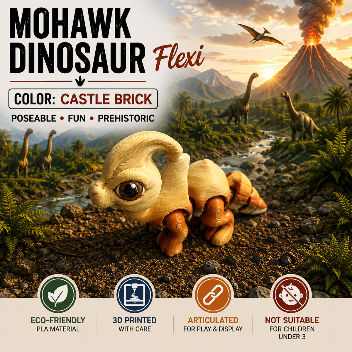 A 3D-rendered promotional graphic for a 'Mohawk Dinosaur Flexi' toy in 'Castle Brick' color, set against a prehistoric volcanic landscape with dinosaurs. The graphic includes feature icons at the bottom.