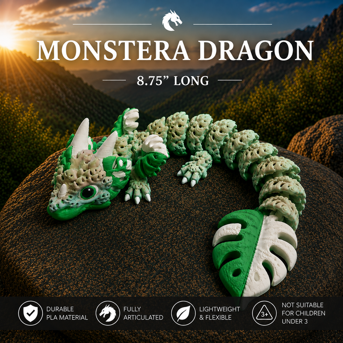 A 3D-printed articulated monstera dragon toy in green and white, resting on a dark rock with a mountain sunset background. Text overlays read 'MONSTERA DRAGON' and '8.