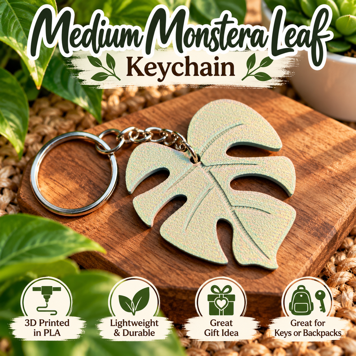 A monstera leaf-shaped keychain with a silver metal key ring and chain, displayed on a wooden block with decorative green leaves and text overlays reading 'Medium Monstera Leaf Keychain' and feature icons below.