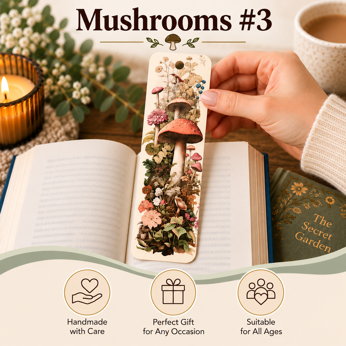 A decorative bookmark shaped like a book page featuring an illustrated forest of mushrooms, flowers, and greenery, held by a hand over an open book. The scene includes a candle, a cup of coffee, and promotional text reading 'Mushrooms #3' with icons noting handmade care, gift suitability, and age appropriateness.