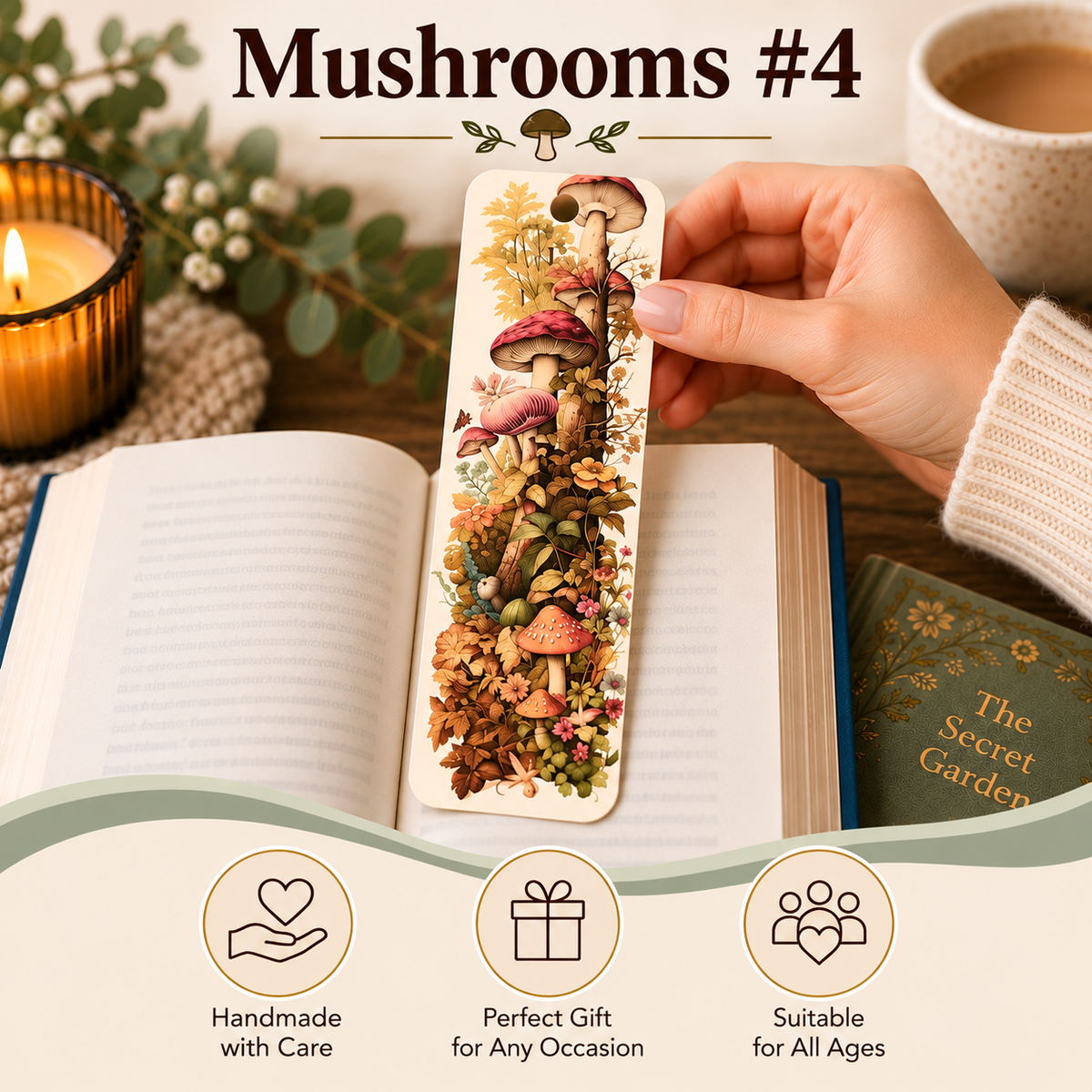 A hand holds a decorative bookmark shaped like a vertical stack of colorful mushrooms and forest elements over an open book. The scene includes a candle, a cup of coffee, and a book titled "The Secret Garden," with the text "Mushrooms #4" at the top and three feature icons at the bottom.