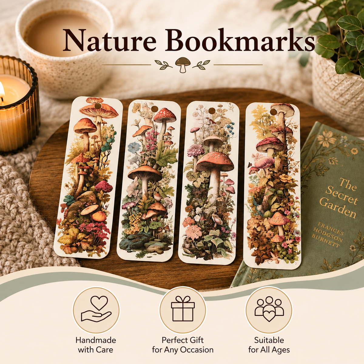 Four nature-themed book bookmarks with detailed mushroom and floral illustrations, displayed on a wooden tray with a candle, mug of coffee, and a book in a cozy setting. The text 'Nature Bookmarks' is displayed at the top, with three feature icons at the bottom.